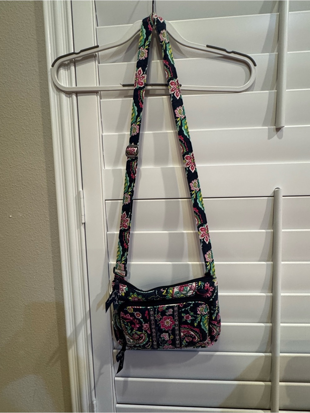 Vera Bradley Navy Floral Quilted Crossbody with Pink and Green Accents.
